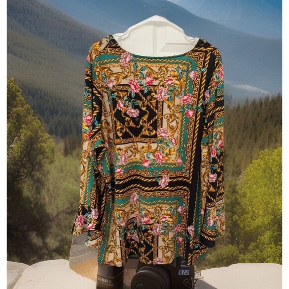 NWT Purple Rain bellsleeve Floral Print Sequin Beaded Neckline Boho Chic Tunic3X - Picture 3 of 6